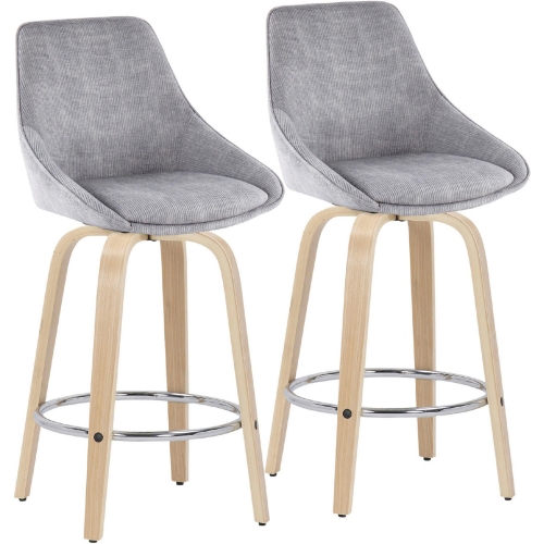 Diana 26" Counter Stool in Grey Corduroy Fabric. Wood & Chrome Footrest (Set of 2)